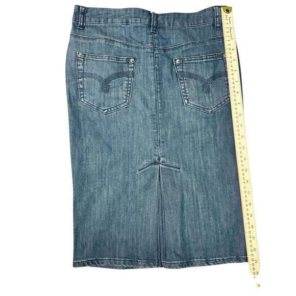 Rima Karen Denim Jean Pencil Knee Length Skirt with Back Pleat Slit Ladies Sz 4 - Picture 5 of 5